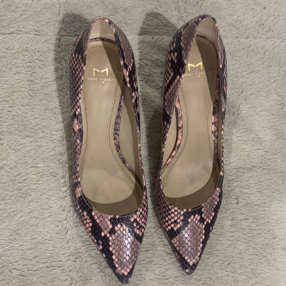Marc Fisher LTD pink snake print with square acrylic heel. Size 8.5